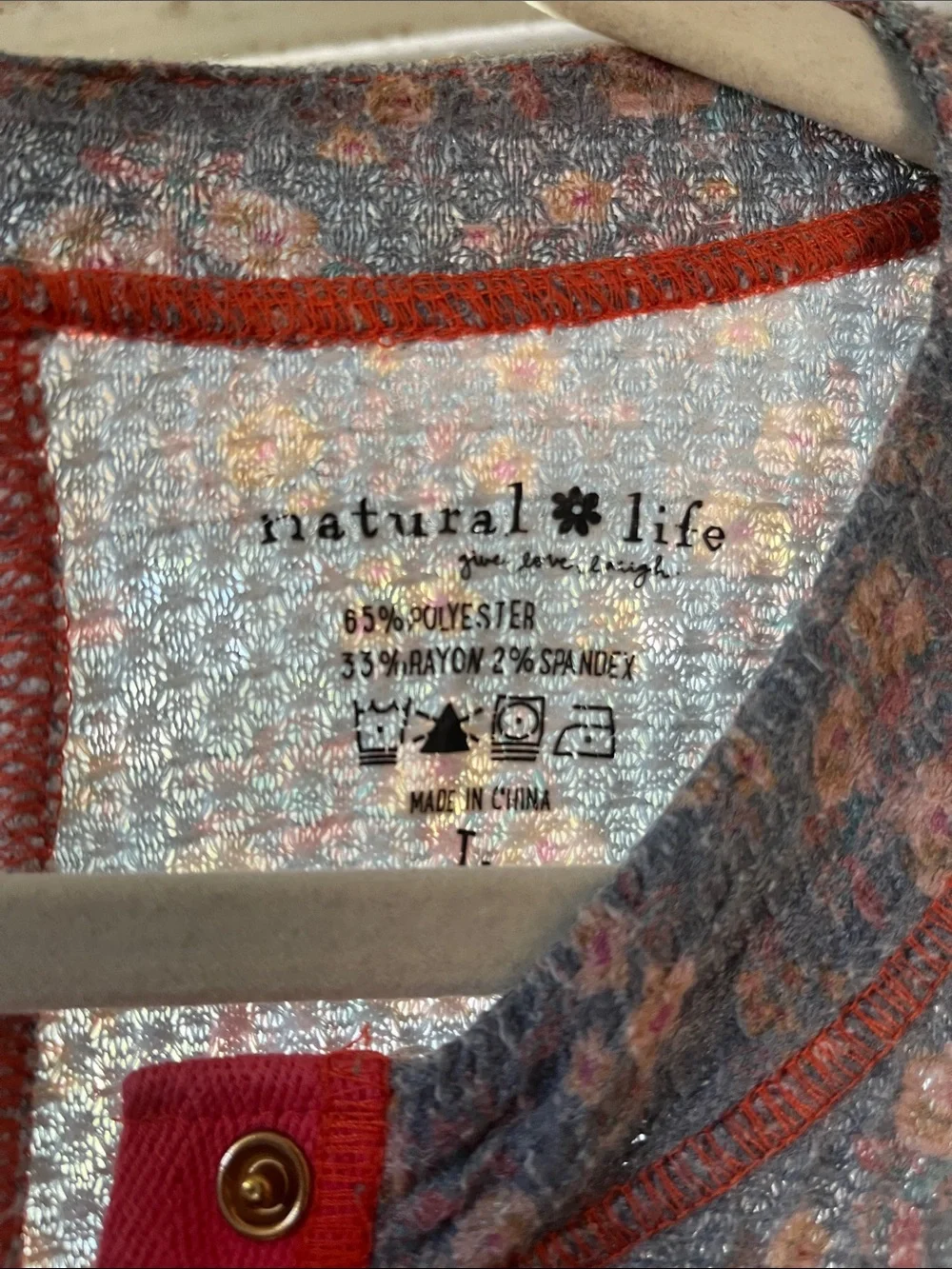 NATURAL LIFE Blue Floral Waffle Henley with Hot Pink Trim - Picture 4 of 5